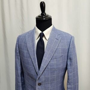 J Hilburn Blazer Jacket Mens 43L 100% Linen Sport Coat Blue White Unconstructed